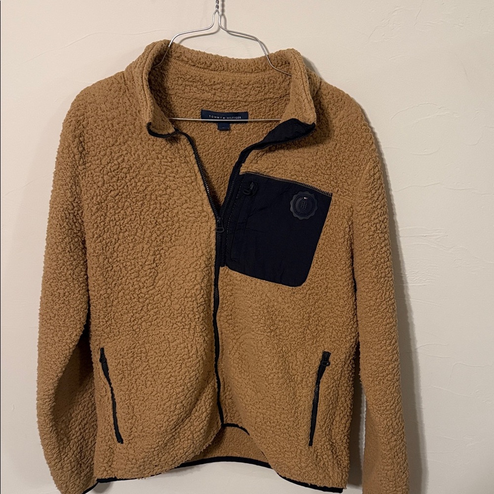 Tommy Hilfiger Camel Faux Fur Fleece Jacket with Navy Details Size Medium